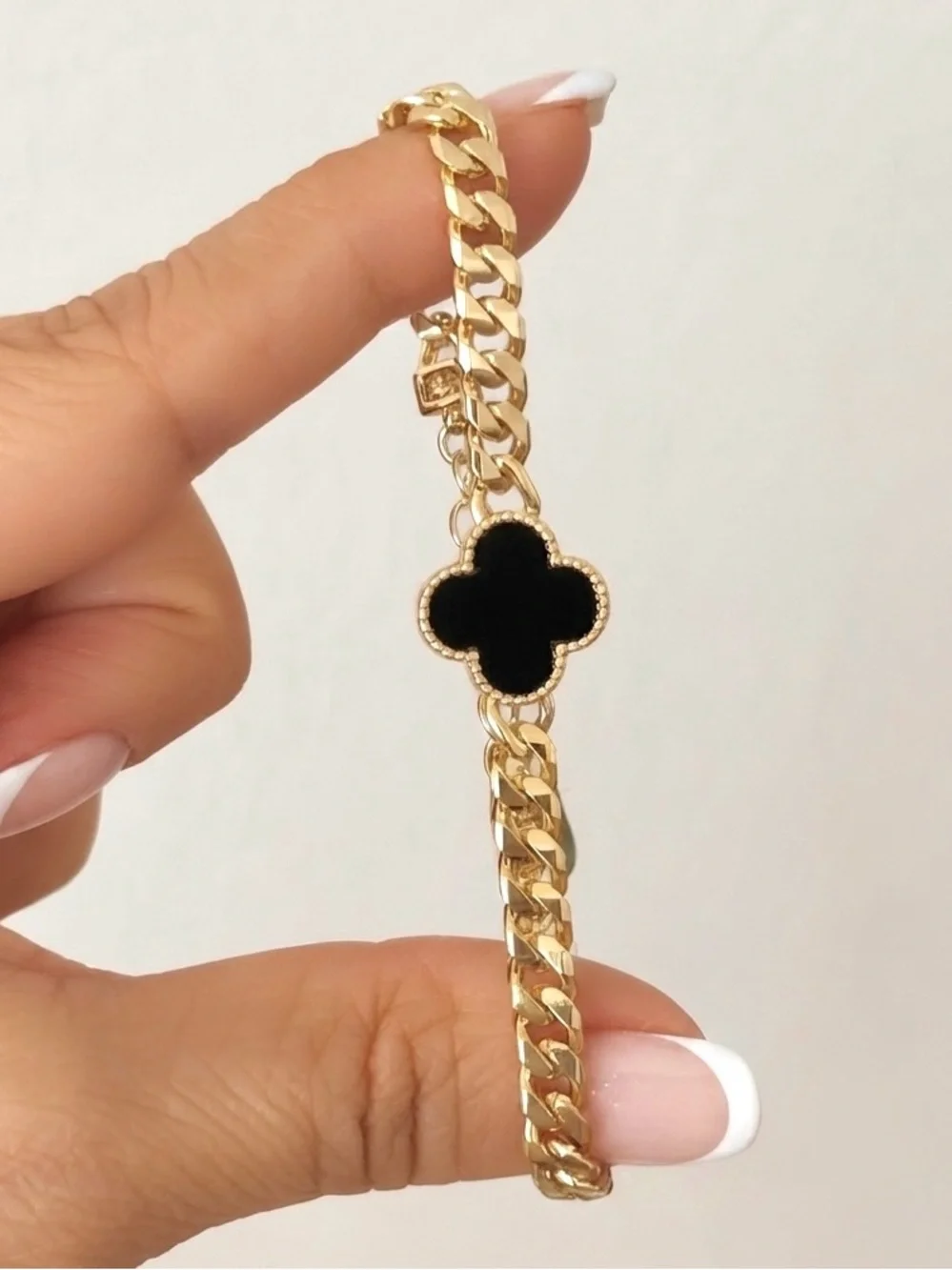 14K Gold Plated Black Clover Bracelet with Zirconia Adjustable Rhodium Plated